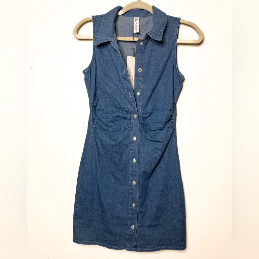 NWT ZARA button up denim sleeveless dress with lapel collar ruched waist